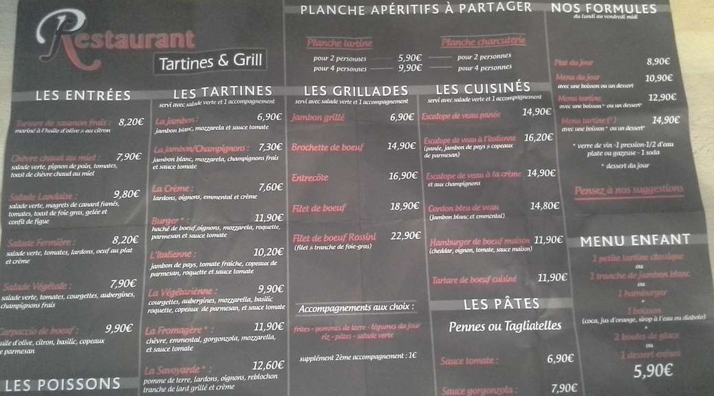 La Carte du restautant Tartines et Grill à Hagondange