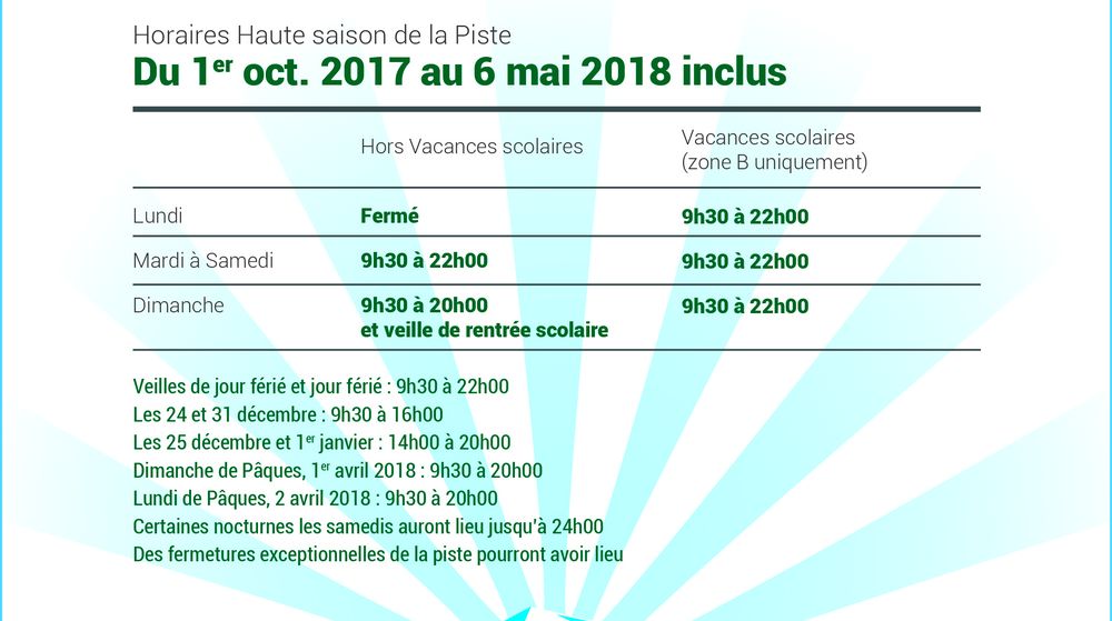 Snowhall, Horaires Haute Saison 2017/2018